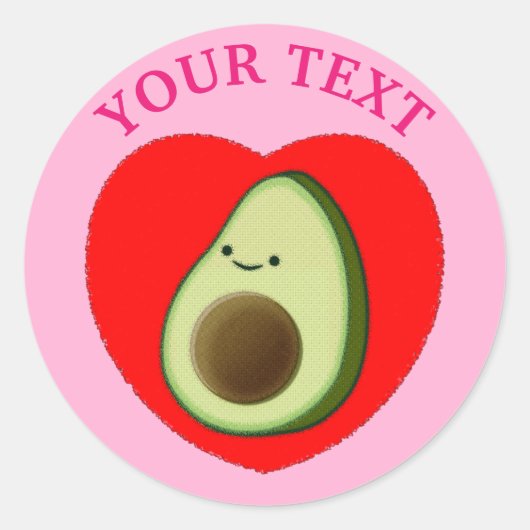 Schattigee avocado tekening met roze tekst en acht ronde sticker (Voorkant)