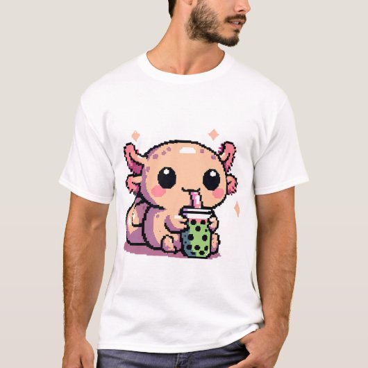 Schattigee Axolotl Drink Boba Pixel Art T-shirt (Voorkant)