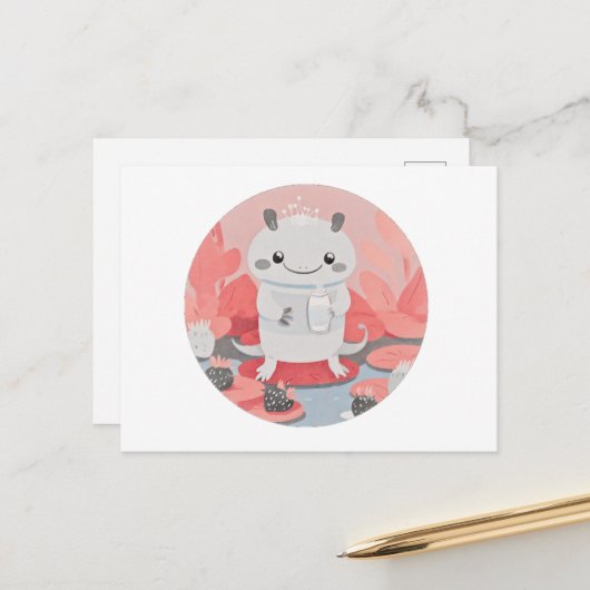 Schattigee Axolotl Drink melk Briefkaart (Voorkant / Achterkant in situ)