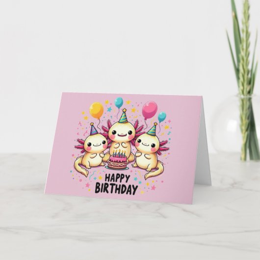 Schattigee Axolotl Happy Birthday Kaart Roze (Voorkant)