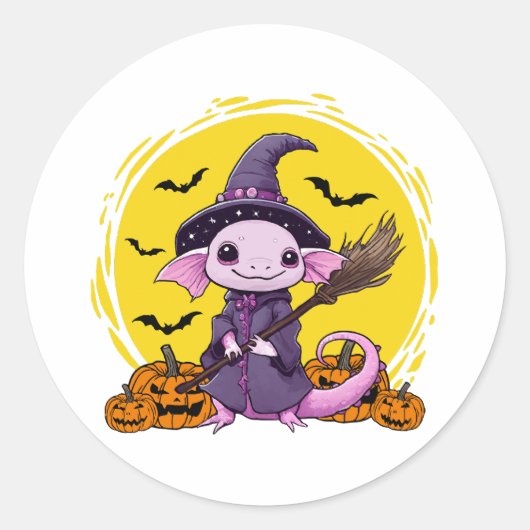 Schattigee Axolotl heks Halloween Ronde Sticker (Voorkant)