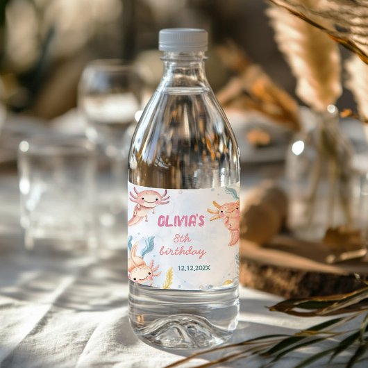 Schattigee Axolotl Meisje Verjaardag Water Bottle  Waterfles Etiket