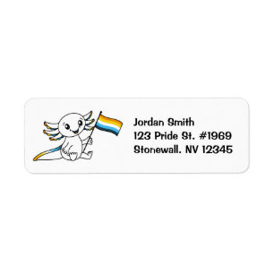Schattigee Axolotl met AroAce Sunset Pride Flag LG Etiket