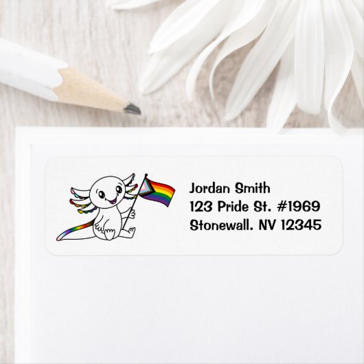 Schattigee Axolotl met Quasar Progress Pride Flag  Etiket (Insitu)
