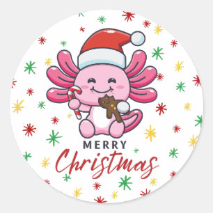 Schattigee Axolotl met Santa Hat Kawaii Stijl Ronde Sticker
