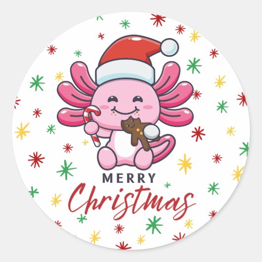 Schattigee Axolotl met Santa Hat Kawaii Stijl Ronde Sticker (Voorkant)