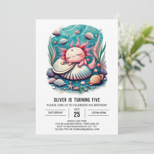 Schattigee Axolotl Ocean Verjaardagsuitnodiging Kaart (Staand voorkant)