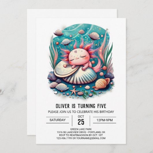 Schattigee Axolotl Ocean Verjaardagsuitnodiging Kaart (Voorkant / Achterkant)