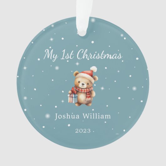 Schattigee Baby 1e Kerstmis Foto Blauw Eenvoudig O Ornament (voorkant)