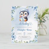 Schattigee baby baby pinguïn waterverf Blauwe bloe Kaart (Staand voorkant)