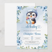 Schattigee baby baby pinguïn waterverf Blauwe bloe Kaart (Voorkant / Achterkant)