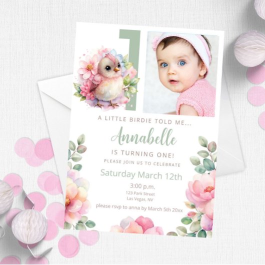 Schattigee Baby Bird 1 jaar oude verjaardagsuitnod Kaart
