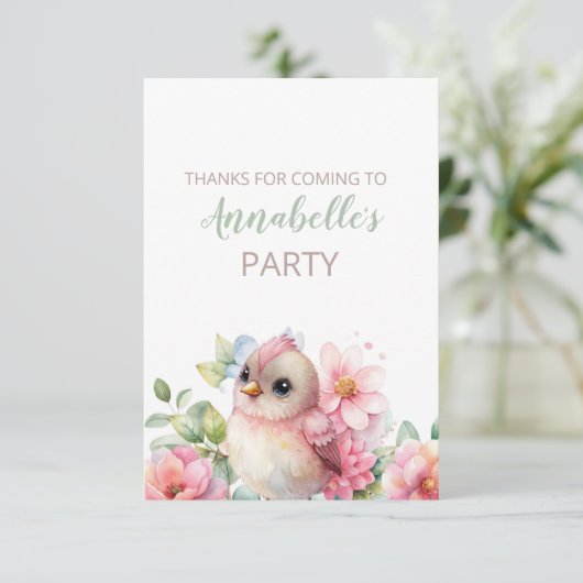 Schattigee Baby Bird Verjaardagsfeest Dank u kaart (Staand voorkant)