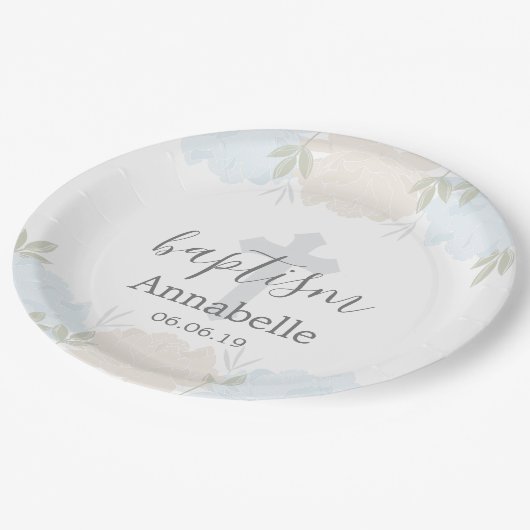 Schattigee Baby Blauw Bloemen Baby Doop Papieren Bordje (Gekanteld)