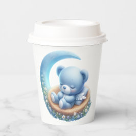 SCHATTIGEE BABY BLAUWE TEDDYBEER OP MAAN PAPIEREN BEKERS