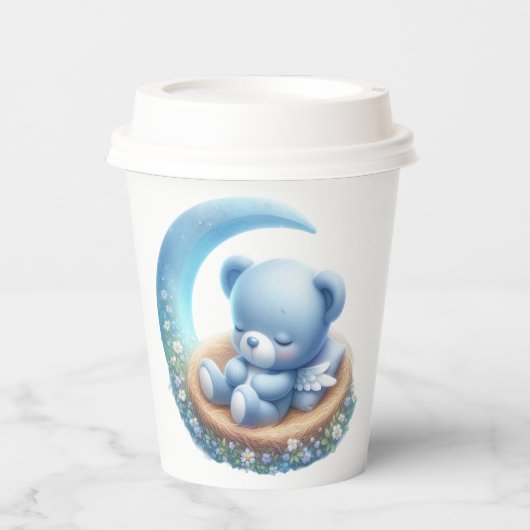 SCHATTIGEE BABY BLAUWE TEDDYBEER OP MAAN PAPIEREN BEKERS (Voorkant)