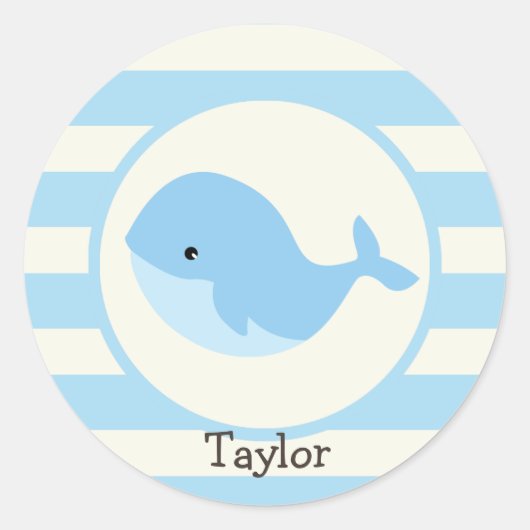 Schattigee baby blauwe walvis; strepen ronde sticker (Voorkant)