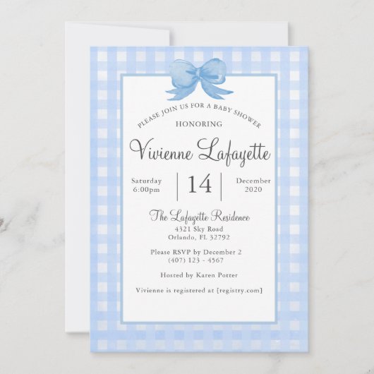 Schattigee Baby Blue Gingham met Bow Baby shower Kaart (Voorkant)