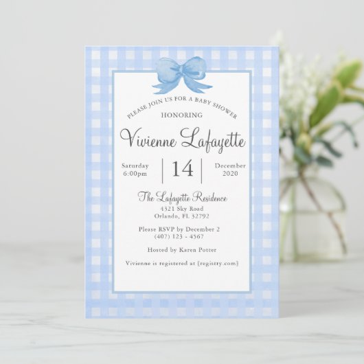 Schattigee Baby Blue Gingham met Bow Baby shower Kaart (Staand voorkant)