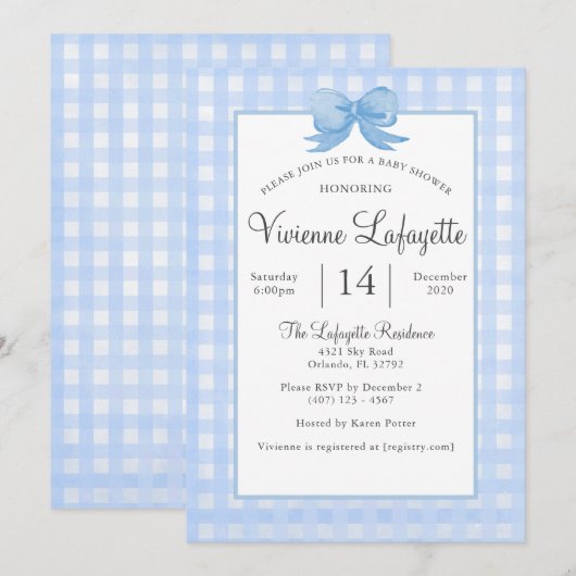 Schattigee Baby Blue Gingham met Bow Baby shower Kaart (Voorkant / Achterkant)