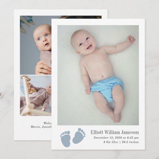 Schattigee Baby Boy Blauwe Voetafdruk Pasgeboren F Aankondiging (Voorkant / Achterkant)