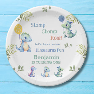 Schattigee Baby Boy Blue Dinosaurus 1e Verjaardag Papieren Bordje