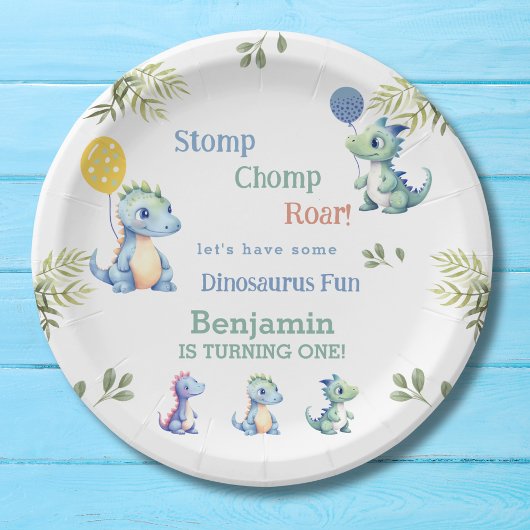 Schattigee Baby Boy Blue Dinosaurus 1e Verjaardag Papieren Bordje