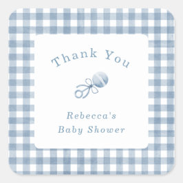 Schattigee Baby Boy Blue Gingham met Rattle Bedank Vierkante Sticker
