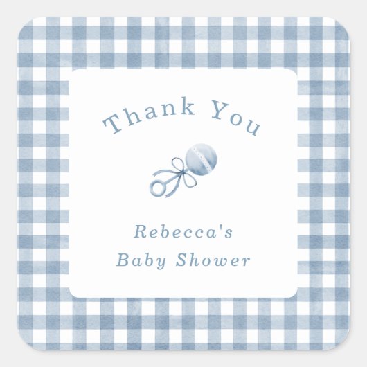 Schattigee Baby Boy Blue Gingham met Rattle Bedank Vierkante Sticker (Voorkant)