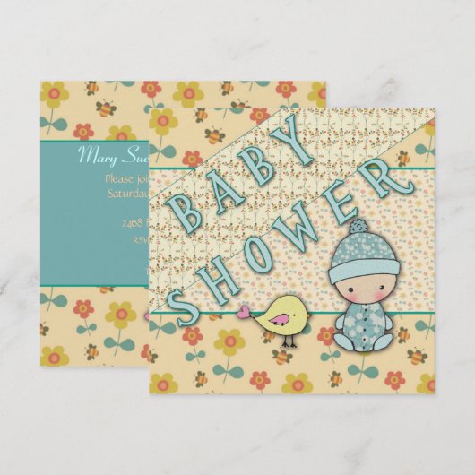 Schattigee Baby Boy en Bird Baby Shower Uitnodigin Kaart (Voorkant / Achterkant)