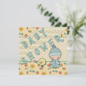 Schattigee Baby Boy en Bird Baby Shower Uitnodigin Kaart (Staand voorkant)