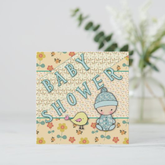 Schattigee Baby Boy en Bird Baby Shower Uitnodigin Kaart (Staand voorkant)
