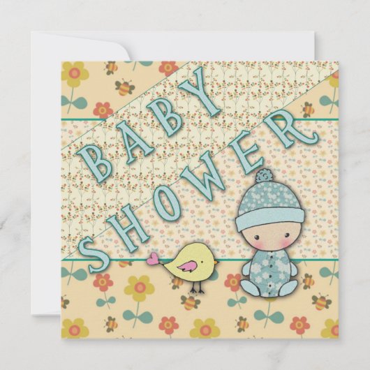 Schattigee Baby Boy en Bird Baby Shower Uitnodigin Kaart (Voorkant)