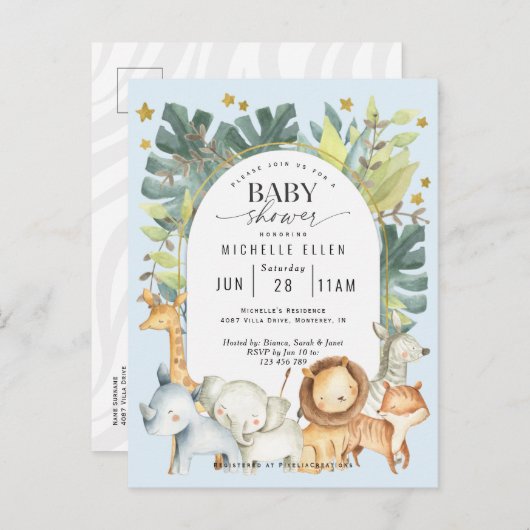 Schattigee Baby Boy Modern Safari oerwoud Animals  Uitnodiging Briefkaart (Voorkant / Achterkant)