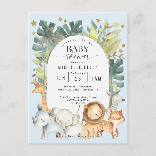 Schattigee Baby Boy Modern Safari oerwoud Animals  Uitnodiging Briefkaart (Voorkant)