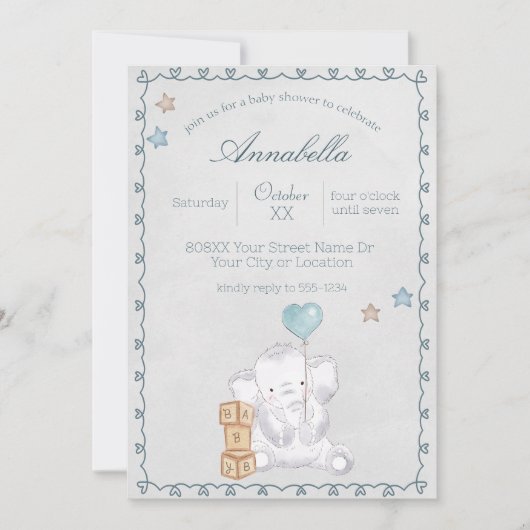 Schattigee Baby Boy Olifant en Ballon Waterverf Kaart (Voorkant)