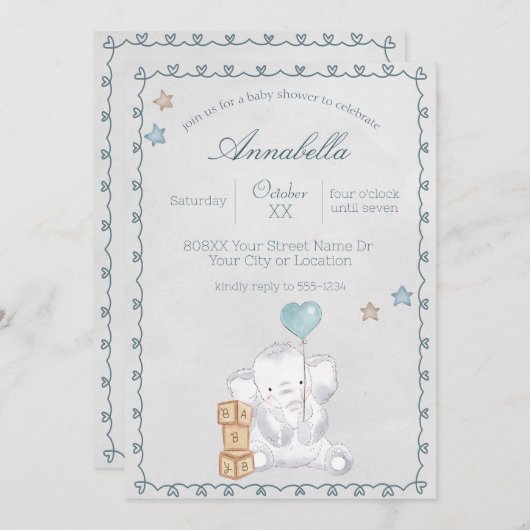 Schattigee Baby Boy Olifant en Ballon Waterverf Kaart (Voorkant / Achterkant)