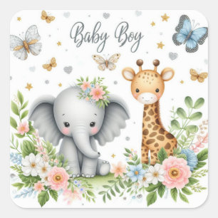Schattigee Baby Boy Olifant en Giraffe met Bloemen Vierkante Sticker