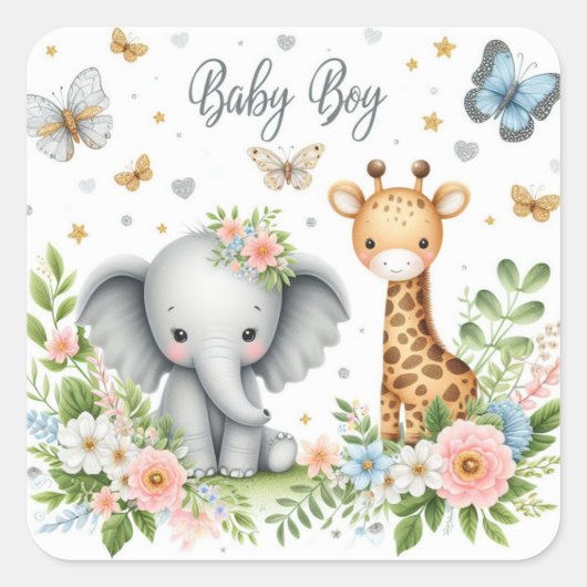 Schattigee Baby Boy Olifant en Giraffe met Bloemen Vierkante Sticker (Voorkant)