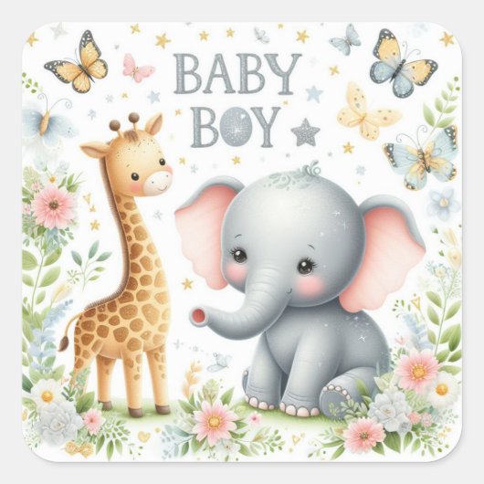 Schattigee Baby Boy Olifant en Giraffe met Bloemen Vierkante Sticker (Voorkant)