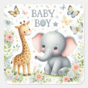 Schattigee Baby Boy Olifant en Giraffe met Bloemen Vierkante Sticker