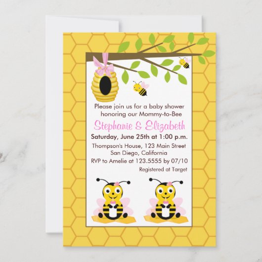 Schattigee Baby Bumblebee Twin Gir Baby shower Kaart (Voorkant)
