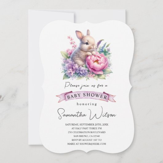 Schattigee Baby Bunny met Bloem Baby shower Uitnod Kaart (Voorkant)