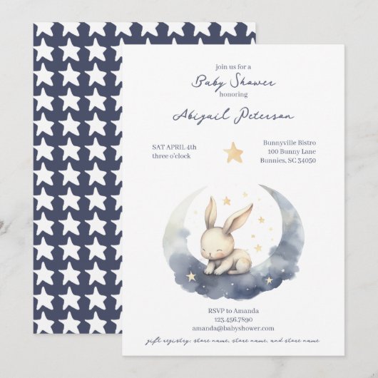 Schattigee Baby Bunny op een maan met sterren Baby Kaart (Voorkant / Achterkant)