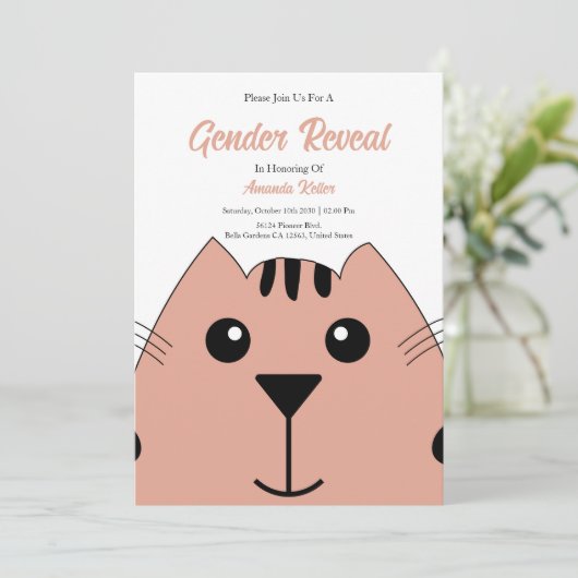 Schattigee Baby Cat Gender Reveal Invitation Kaart (Staand voorkant)