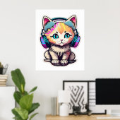 Schattigee Baby Cat met hoofdtelefoon Poster (Thuiskantoor)