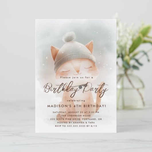 Schattigee Baby Cat Winter Verjaardagsfeest Kaart (Staand voorkant)