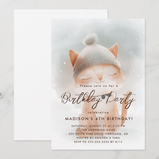 Schattigee Baby Cat Winter Verjaardagsfeest Kaart (Voorkant / Achterkant)