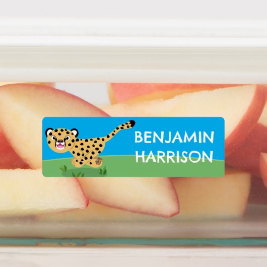Schattigee baby cheetah running cartoon gepersonal labels (Aangebracht)