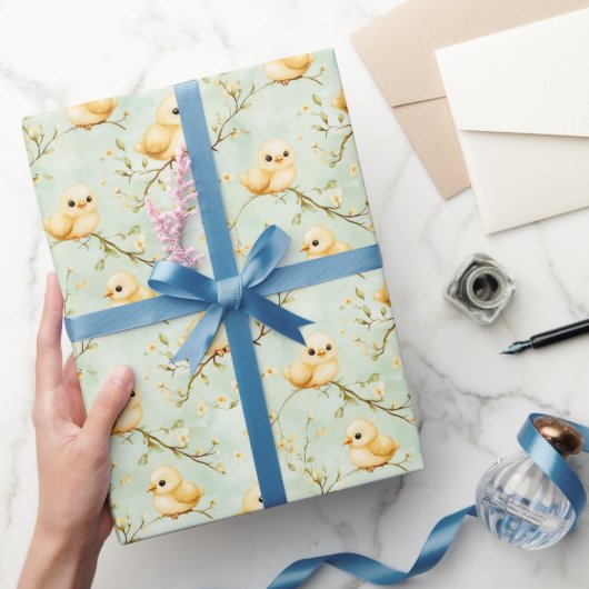 Schattigee Baby Chicks Mint Green Spring Bloempatr Cadeaupapier (Geschenken)